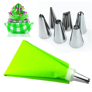 Silicone Cream Pastry Bag 1PCS with Stainless Steel Flower Icing Piping Nozzle 6PCS/Set