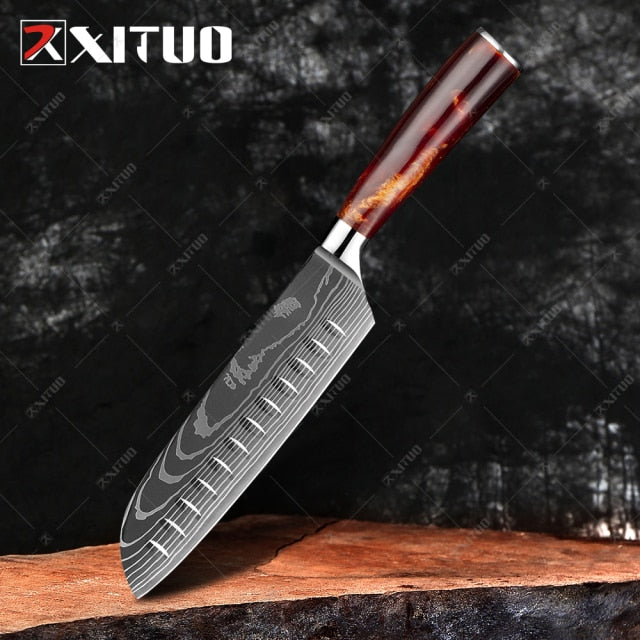 XITUO Damascus Steel VG10 Japanese Chef Knife - 1 PCS 7'' Santoku knife with Color Wood Handle
