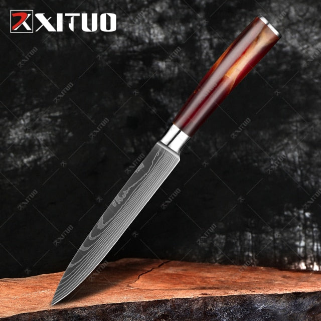 XITUO Damascus Steel VG10 Japanese Chef Knife - 1 PCS 5'' Utility Knife Color Wood Handle