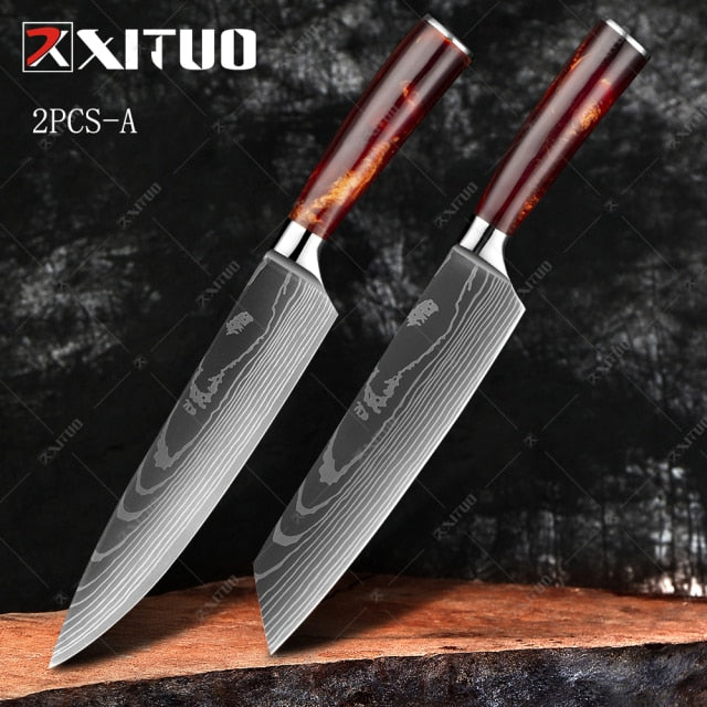 XITUO Damascus Steel VG10 Japanese Chef Knives 2 PCS Set(A) - 8'' Chef Knife an 8'' Kiritsuke Knife with Color Wood Handle