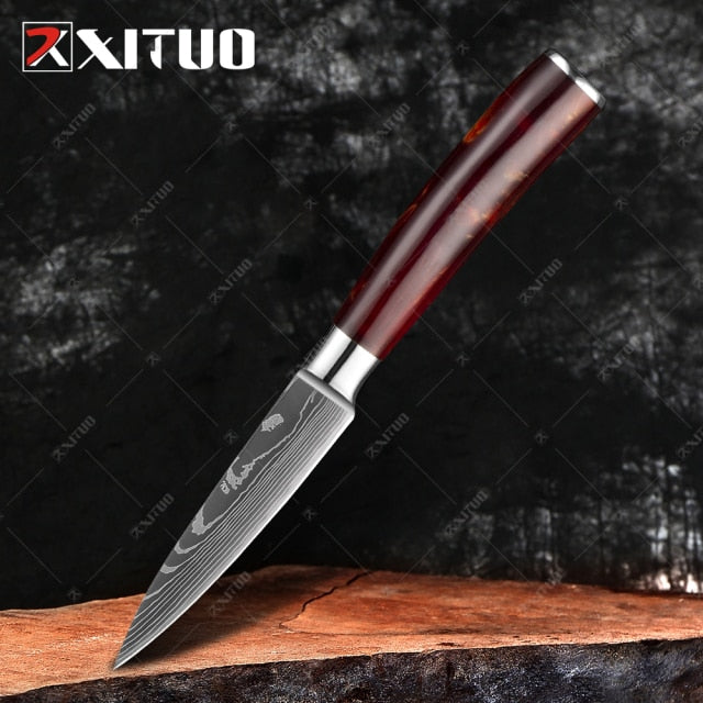 XITUO Acero de Damasco VG10 Cuchillo de chef japonés- 1 PCS 3.5 '' Cuchillo de pelar Mango de madera de color