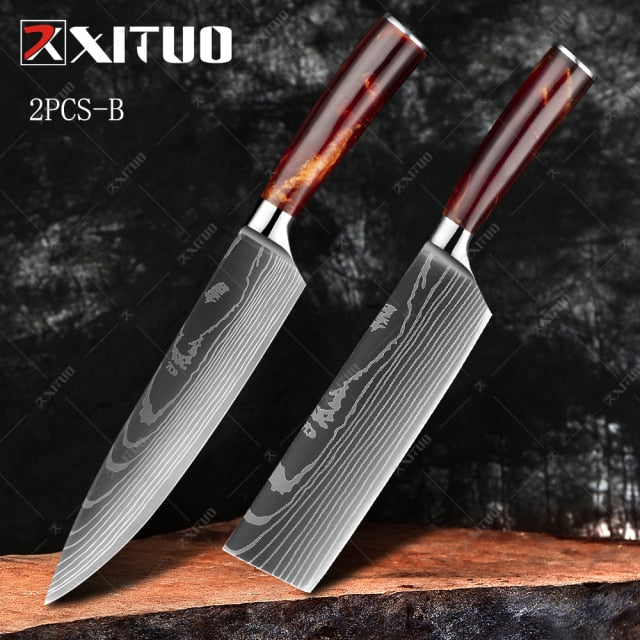 Juego de 2 cuchillos de chef japoneses VG10 de acero de Damasco XITUO (B) - Cuchillo de chef de 8 '' y cuchillo Nakiri de 7 ''