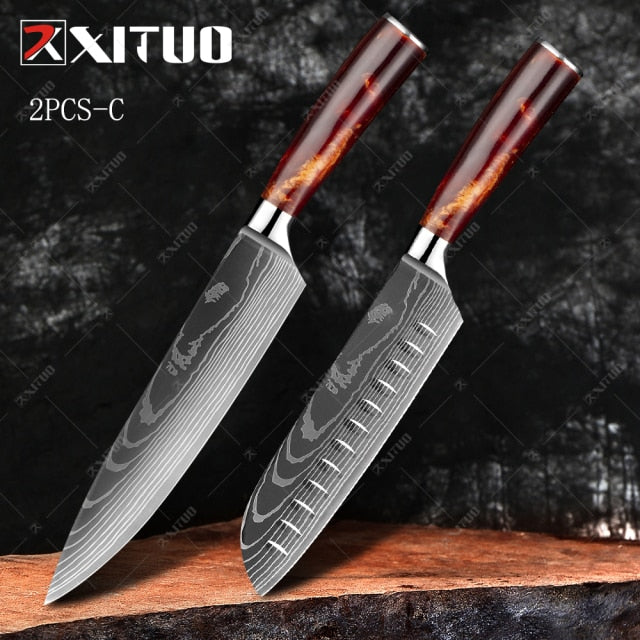 XITUO Damascus Steel V10 Japanese Chef Knives 2 PCS Set(C) - 8'' Chef Knife and 5'' Santoku Knife