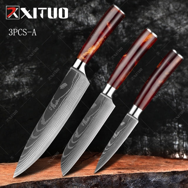 XITUO Damasco Acero VG10 Cuchillos de chef japoneses Juego de 3 piezas (A) - Cuchillo de chef de 8 '', Cuchillo Santoku de 5'' y Cuchillo de pelar de 3 ''
