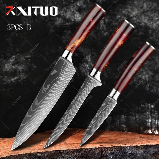 XITUO Damasco Acero VG10 Cuchillos de chef japoneses Juego de 3 piezas (B) - Cuchillo de chef de 8 '', Cuchillo de deshuesar de 6'' y Cuchillo de pelar de 3.5 ''
