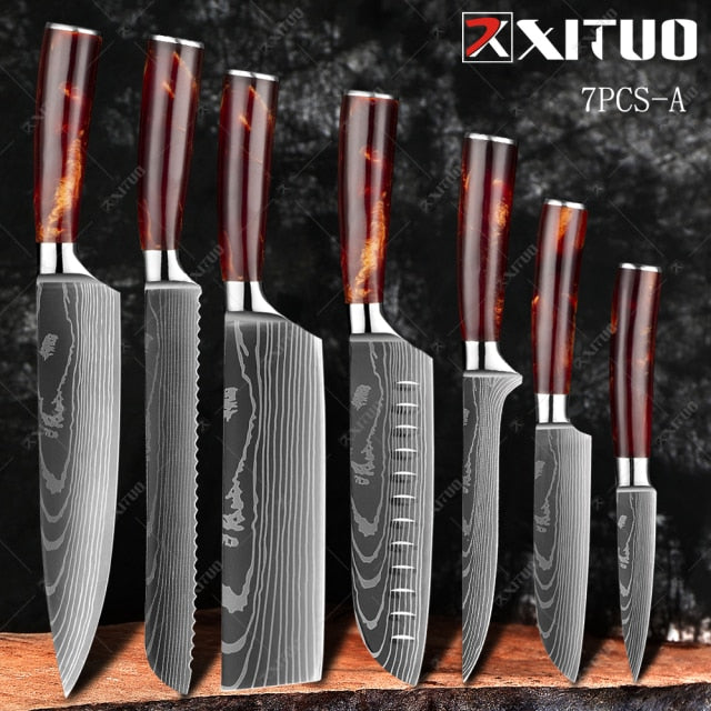XITUO Damascus Steel VG10 Japanese Chef Knives- 7 PCS Set with Color Wood Handle