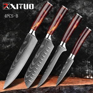 XITUO Damascus Steel VG10 Japanese Chef Knives- 4 PCS Set(B) Color Wood Handle