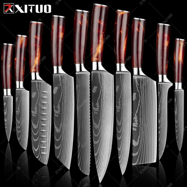 XITUO Damascus Steel VG10 Japanese Chef Knives- 10PCS Set with Color Wood Handle